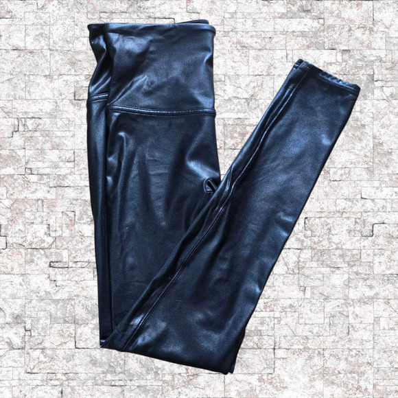 Spanx Women’s Black Shiny Faux Leather Leggings, Size Large - Picture 1 of 8